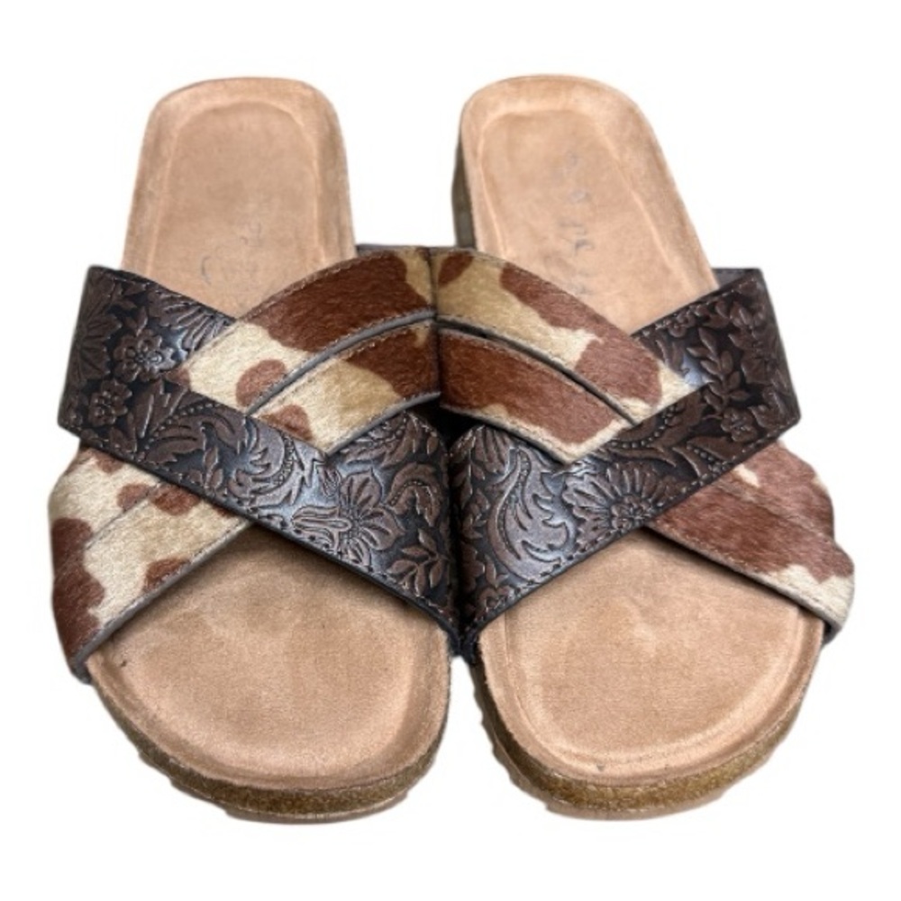 VERY G WOMENS BROWN TOOLED COW HIDE Western Boutique SANDALS Size 8 - Picture 3 of 9